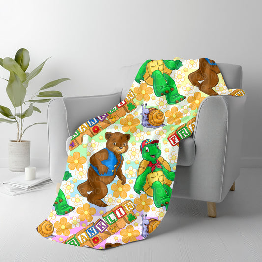 Cute Woodland Friends Plush Blanket – Turtle & Bear Cartoon Throw
