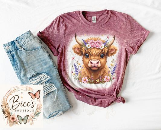 Floral Highland Cow Bleached Graphic T-Shirt | Cute Cow Western Country Tee | Unisex Boutique Shirt