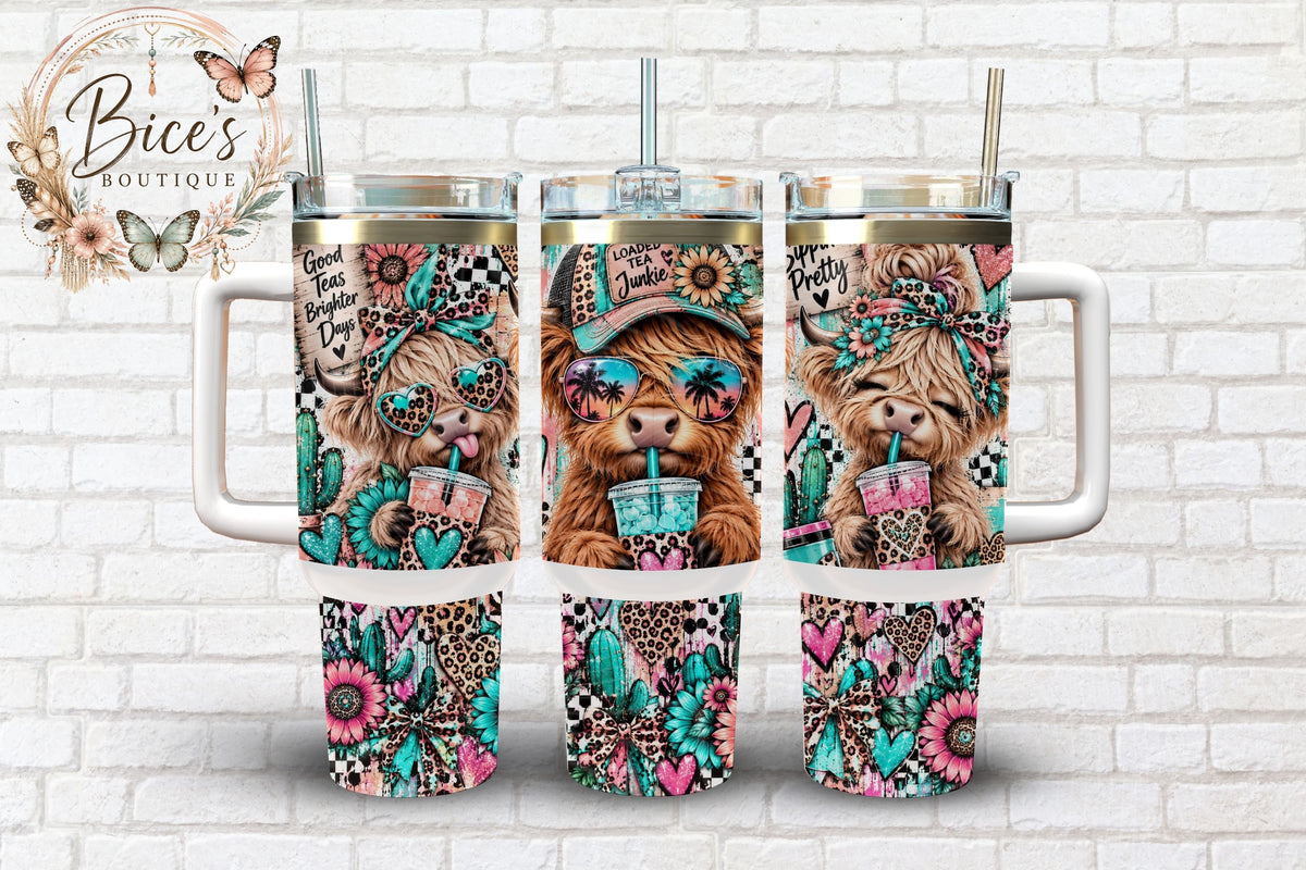 Boho Highland Cow Loaded Tea Junkie 40oz Tumbler