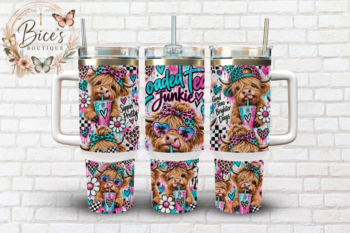 Loaded Tea Junkie Highland Cow 40oz Tumbler