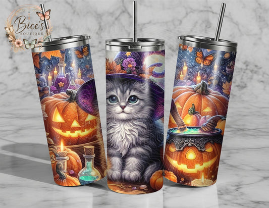 Witchy Kitty 20oz Tumbler – Cute Halloween Cat & Pumpkin Tumbler