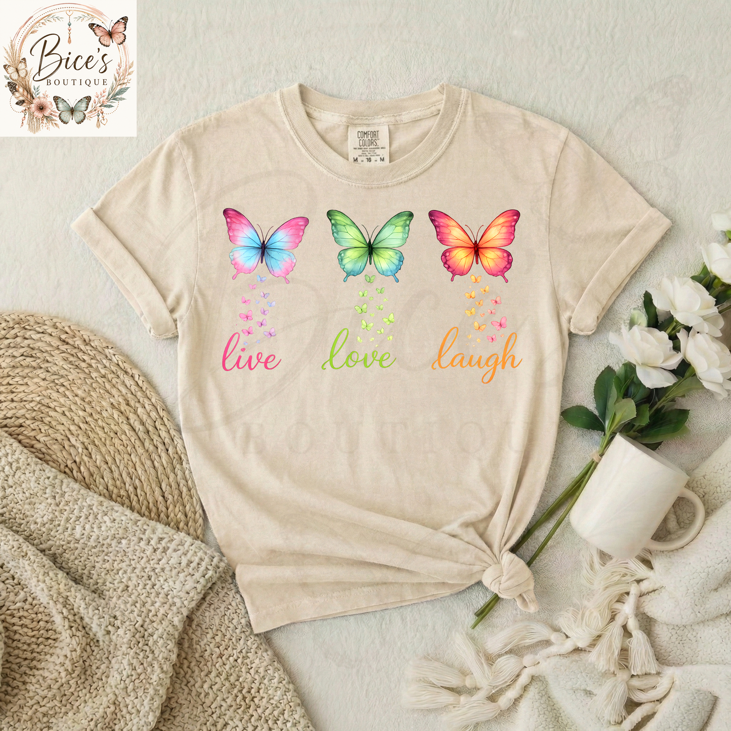 Live Love Laugh Butterfly Graphic T-Shirt | Colorful Inspirational Tee | Cute Spring & Summer Shirt