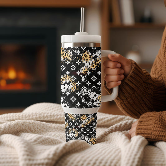 Luxury Inspired Monogram Tumbler | Black & Gold 40oz Stainless Steel Tumbler