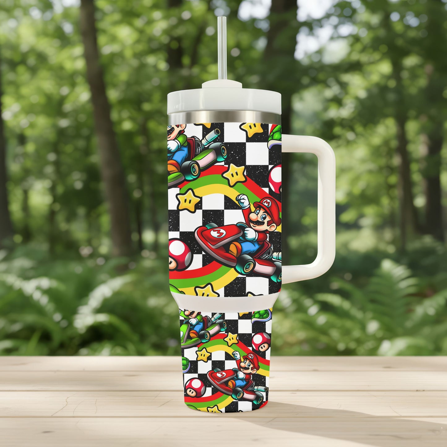 Retro Racing Game Tumbler | Colorful 40oz Handled Stainless Steel Cup