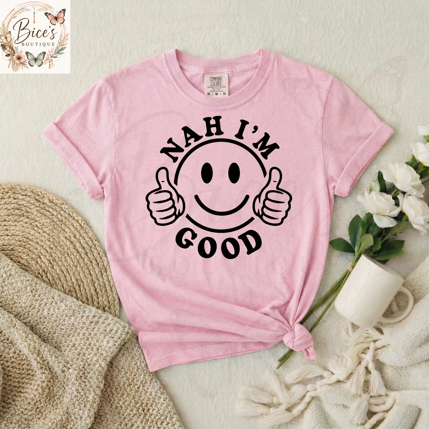 ah I'm Good Smiley Face Graphic T-Shirt | Funny Sarcastic Tee | Retro Casual Unisex Shirt