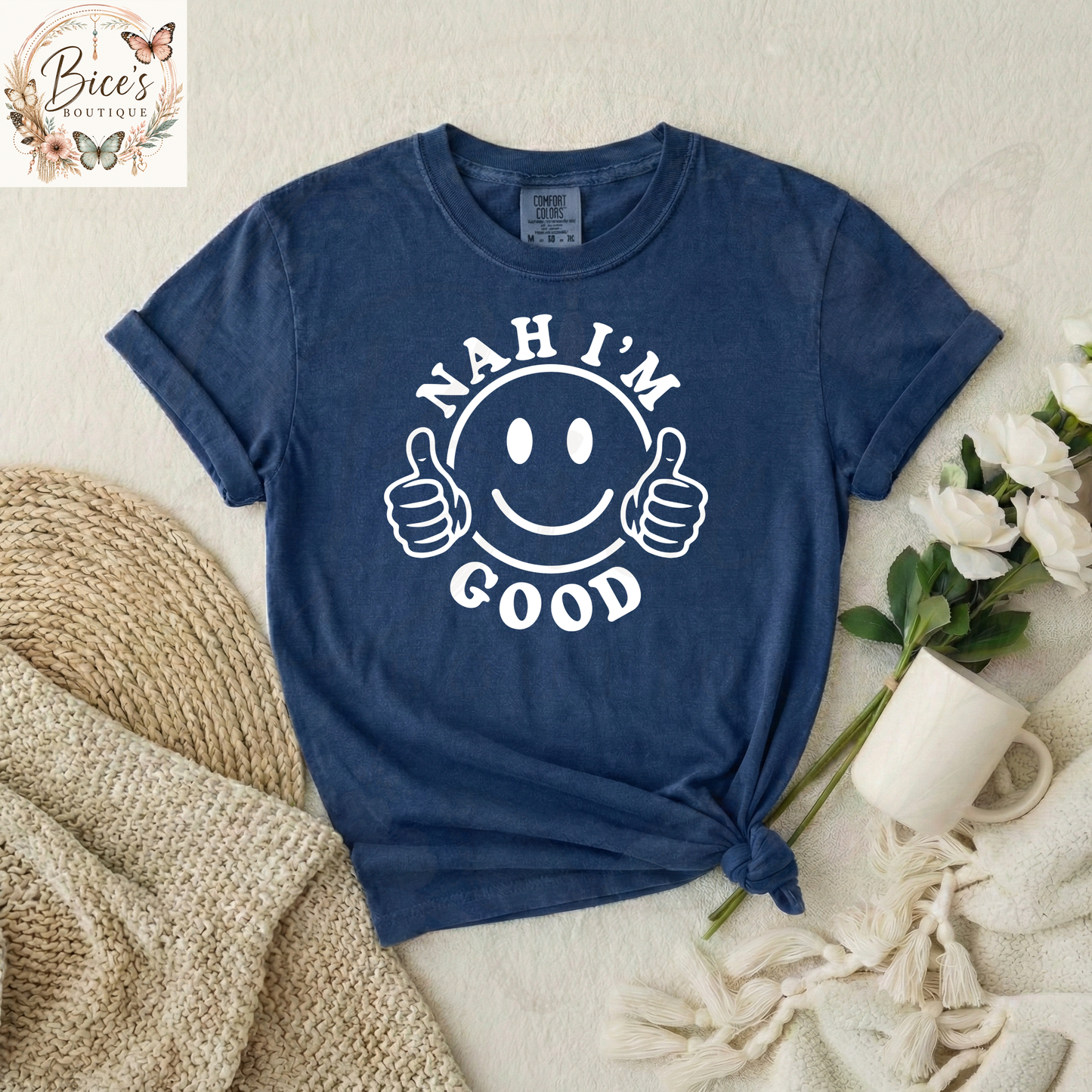 ah I'm Good Smiley Face Graphic T-Shirt | Funny Sarcastic Tee | Retro Casual Unisex Shirt