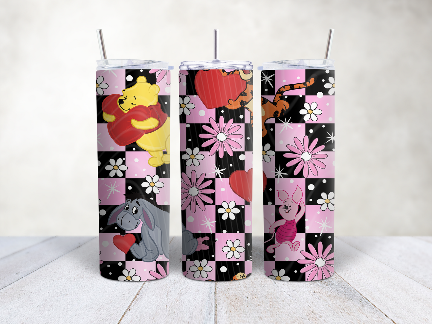 Sweet Bear & Friends Valentine Tumbler – Pink Checkered 20oz Skinny Tumbler