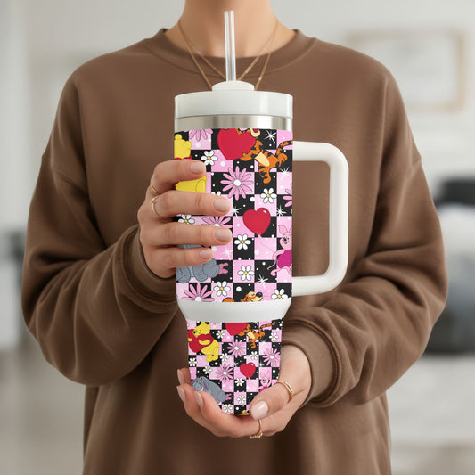 Pink Patchwork Bear & Friends Tumbler | 40oz Insulated Stainless Steel Cup with Handle