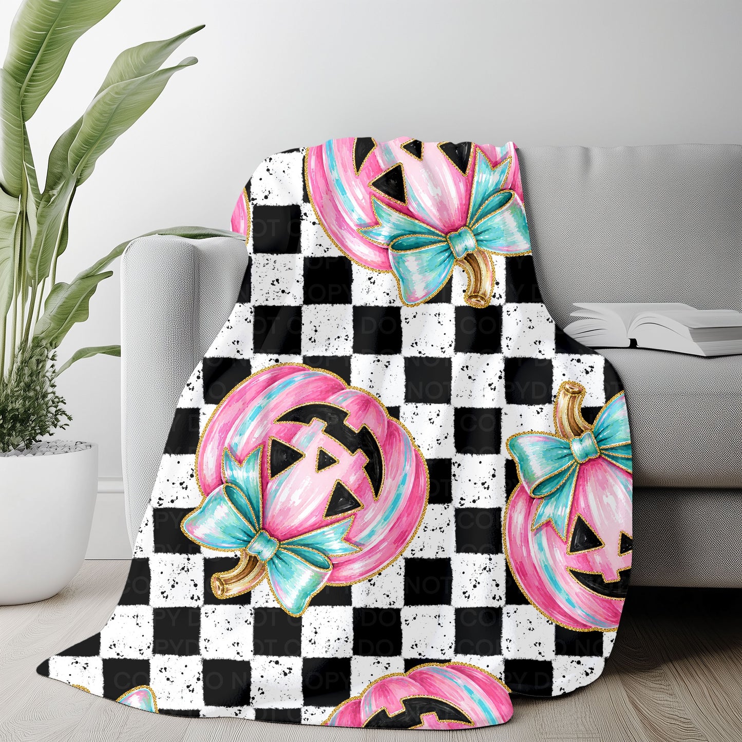 Buffalo Check Pink Pumpkin Blanket | Cute Halloween Home Décor