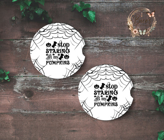 Stop Staring at My Pumpkins Halloween Car Coaster Set