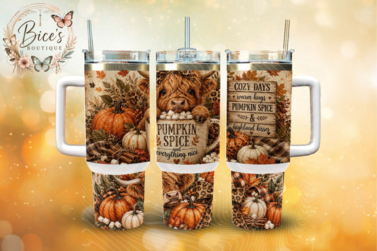 Pumpkin Spice Highland Cow 40oz Tumbler – Cozy Fall Tumbler