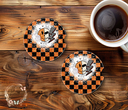 Retro Orange & Black Halloween Skull Car Coaster Set