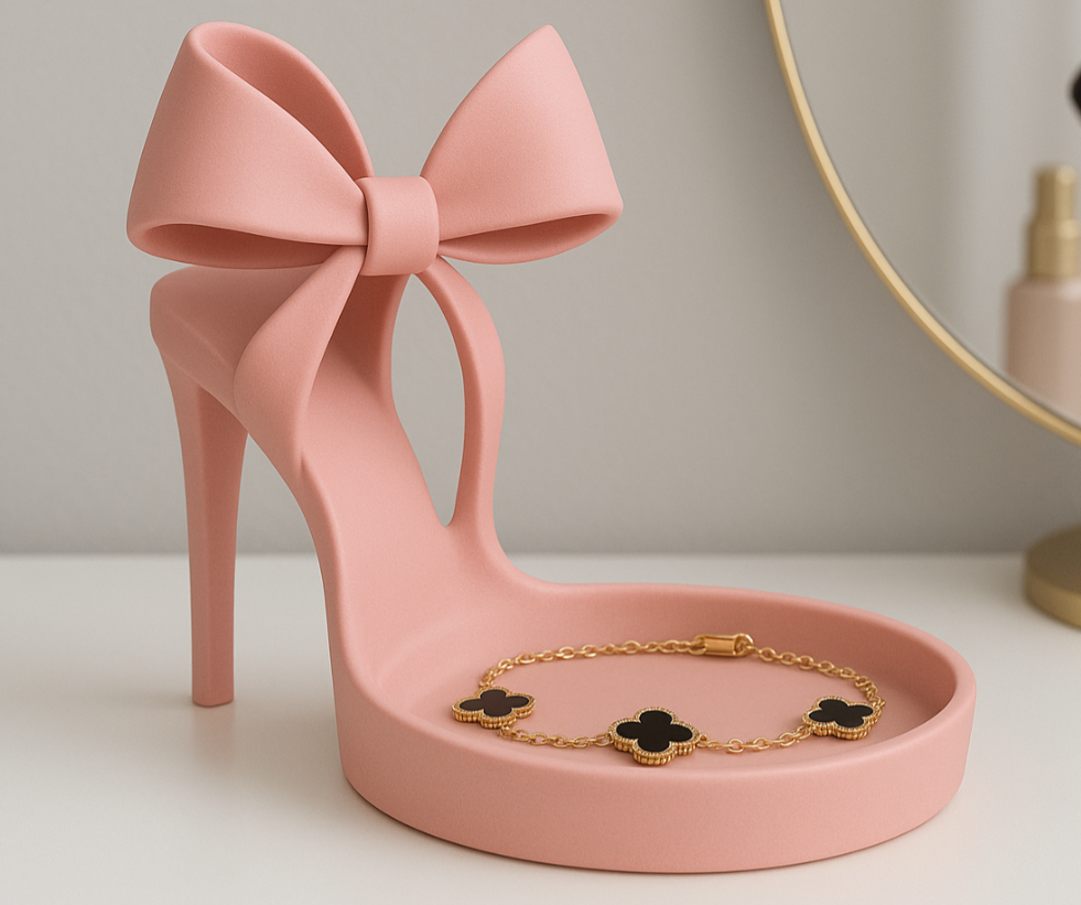 Pink Bow High Heel Jewelry Tray | Coquette Jewelry Holder | Feminine Vanity Organizer | 3D Printed Ring Dish