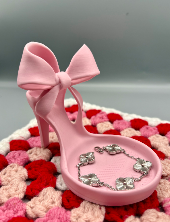 Pink Bow High Heel Jewelry Tray | Coquette Jewelry Holder | Feminine Vanity Organizer | 3D Printed Ring Dish