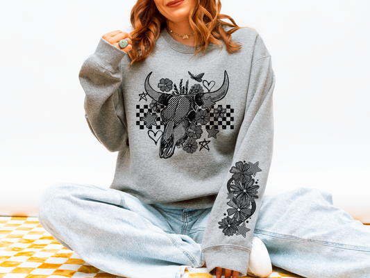 Western Floral Bull Skull Sweatshirt | Cowgirl Graphic Crewneck