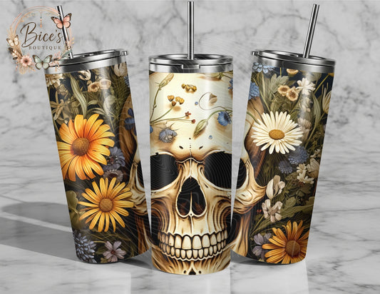 Wildflower Skull 20oz Tumbler – Moody Floral Skeleton Tumbler