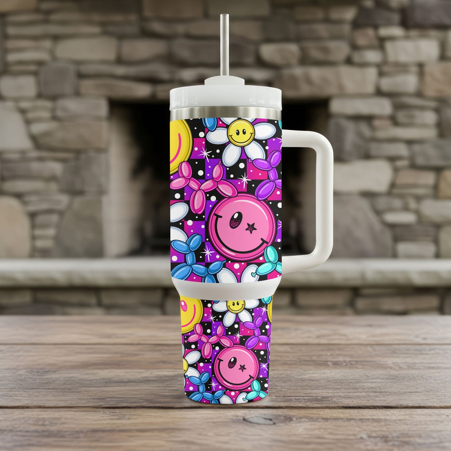 Retro Smiley Balloon Tumbler | Colorful 40oz Handled Stainless Steel Cup
