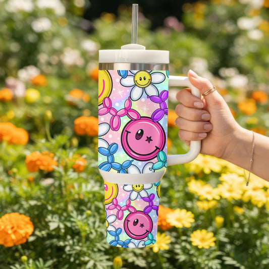 Smiley Balloon Flower Tumbler | Colorful 40oz Insulated Stainless Steel Cup with Handle