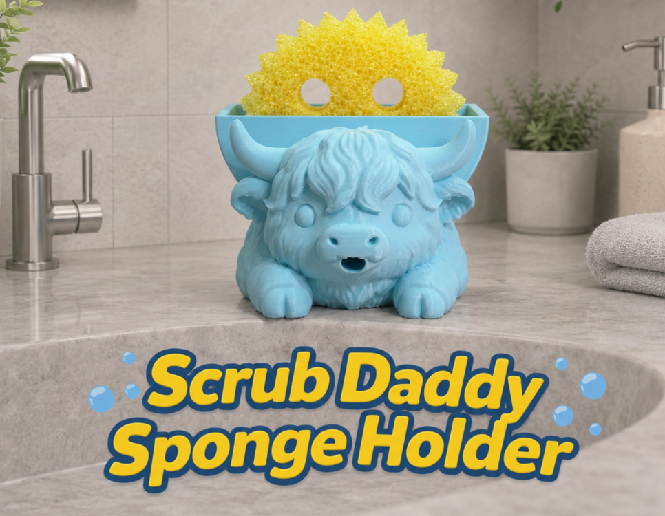Highland Cow Sponge Holder | Cute Kitchen & Bathroom Sink Organizer | 3D Printed Sponge Caddy