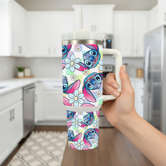 Blue Alien Floral Tumbler – 40oz Stainless Steel Handle Tumbler