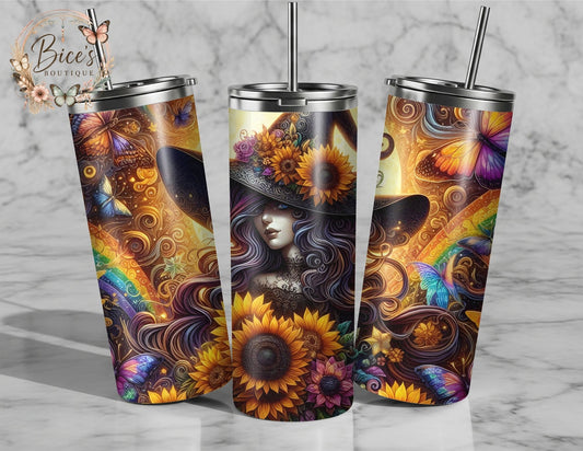 Sunflower Witch 20oz Tumbler – Colorful Boho Witch & Butterfly Tumbler