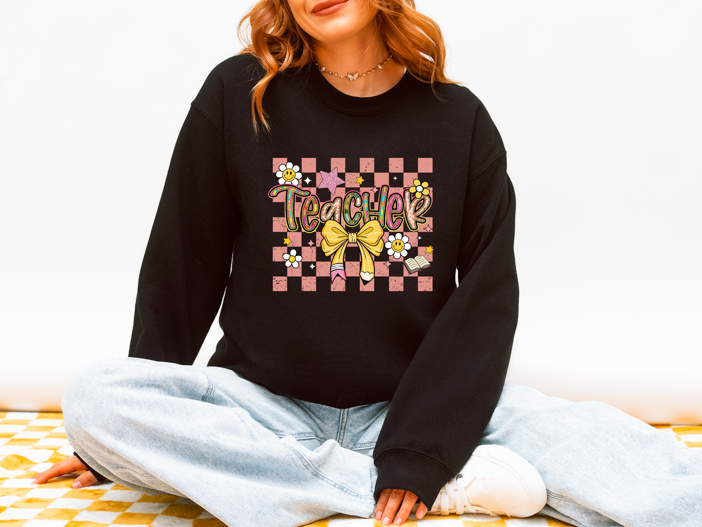 Whimsical Teacher Bow Sweatshirt | Cozy Gingham Graphic Crewneck