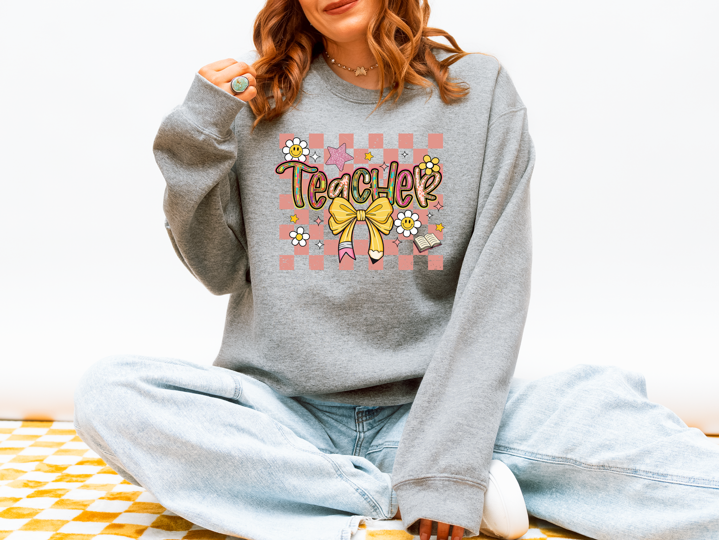 Whimsical Teacher Bow Sweatshirt | Cozy Gingham Graphic Crewneck