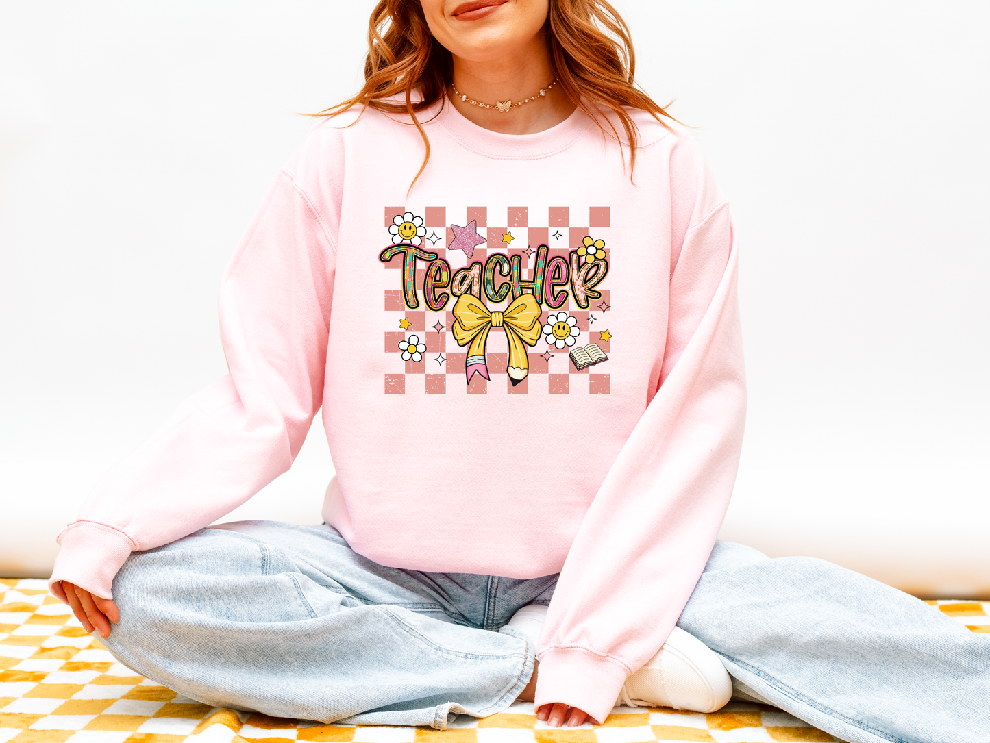 Whimsical Teacher Bow Sweatshirt | Cozy Gingham Graphic Crewneck