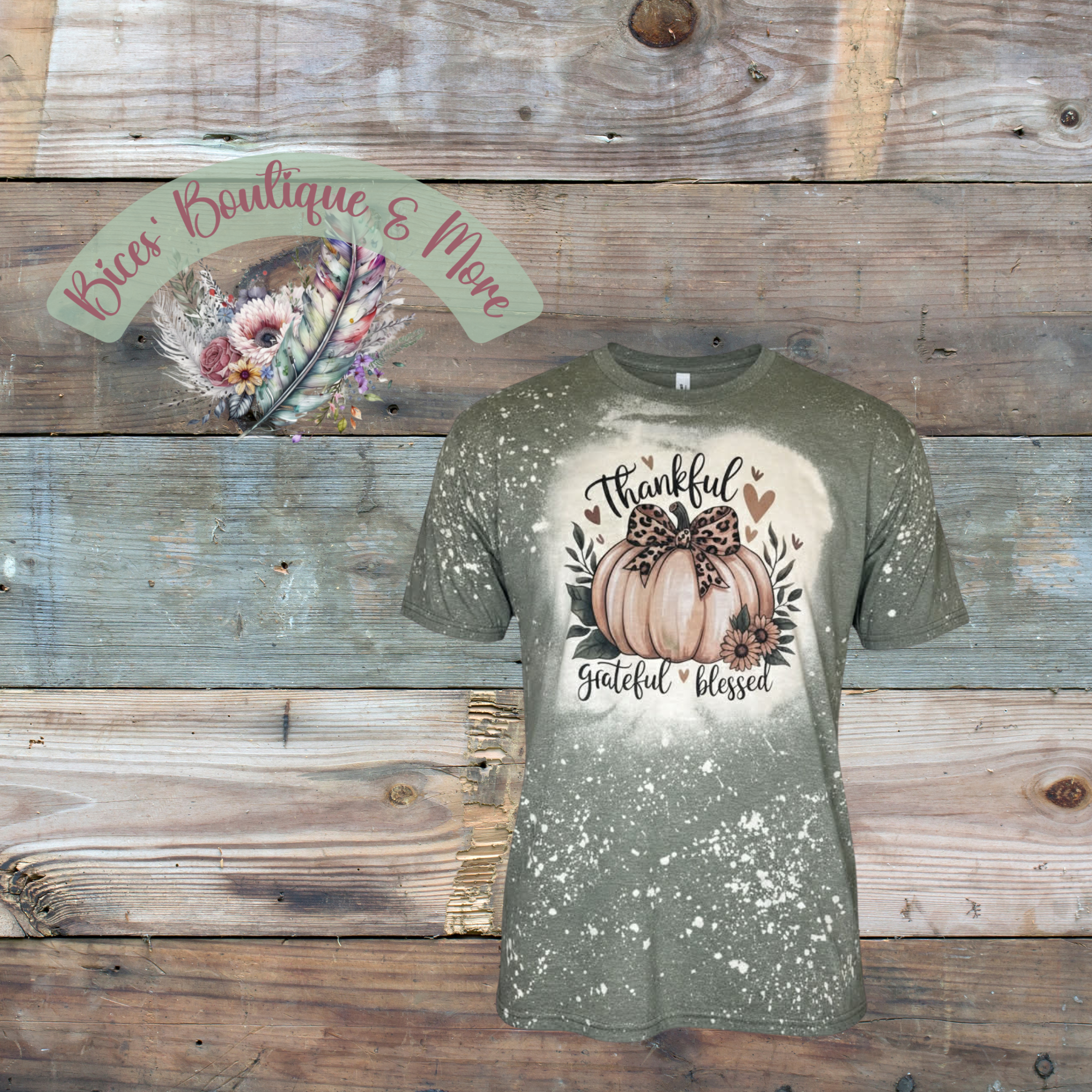 “Thankful Grateful Blessed Bleached Tee – Leopard Bow Pumpkin Fall Shirt”