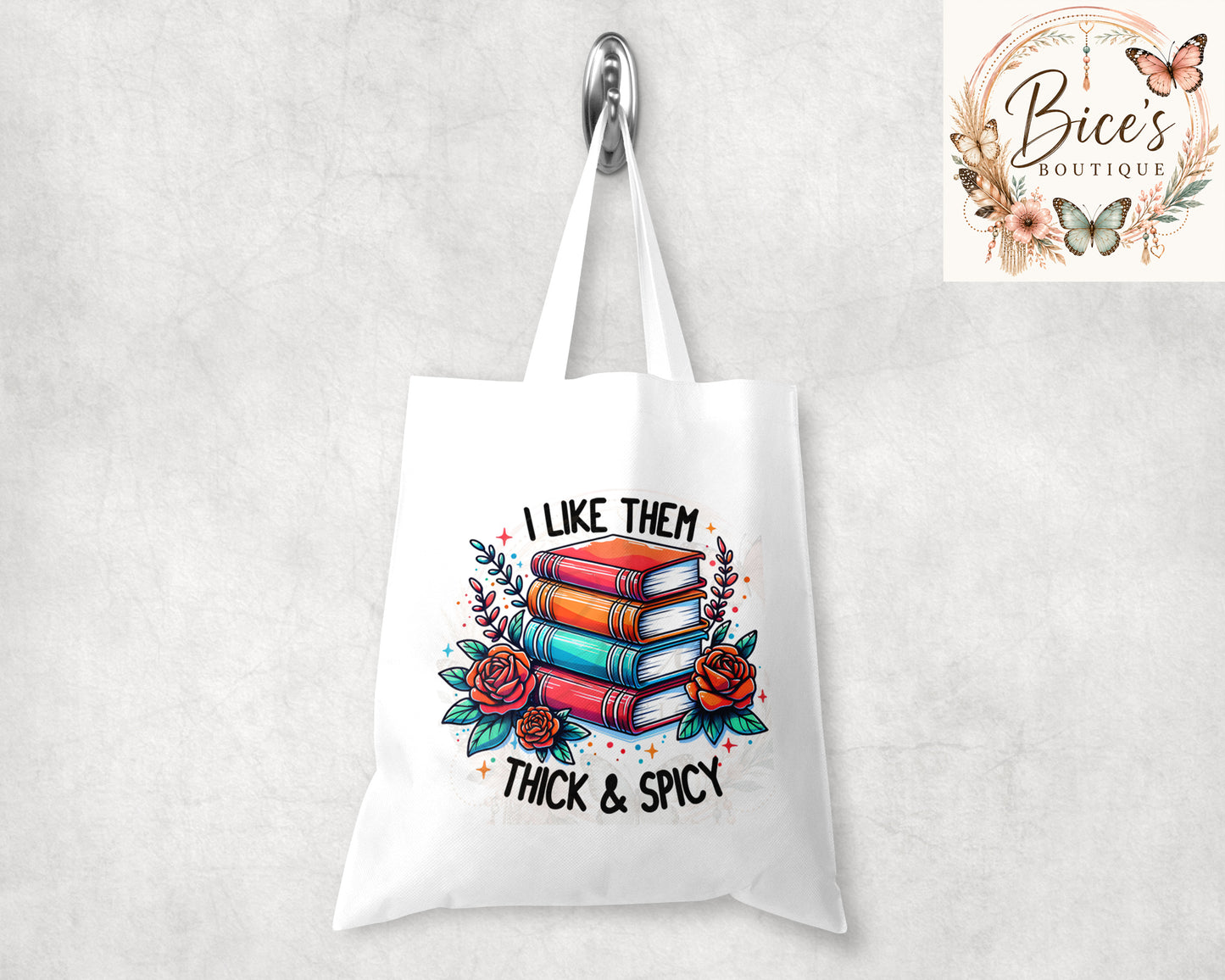"I Like Them Thick & Spicy" Book Lover Tote Bag | Funny Reader Gift | Reusable Library Shopping Bag