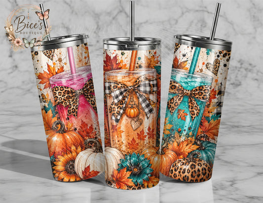 Fall Loaded Tea 20oz Tumbler – Leopard Bows, Pumpkins & Teal Autumn Design