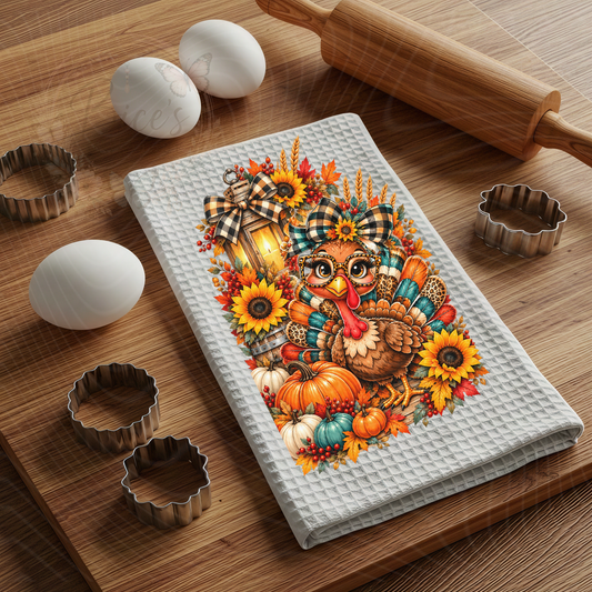 Thanksgiving Turkey Kitchen Towel – Fall Sunflower & Pumpkin Design