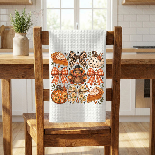 Cute Turkey & Bows Thanksgiving Kitchen Towel – Girly Fall Décor