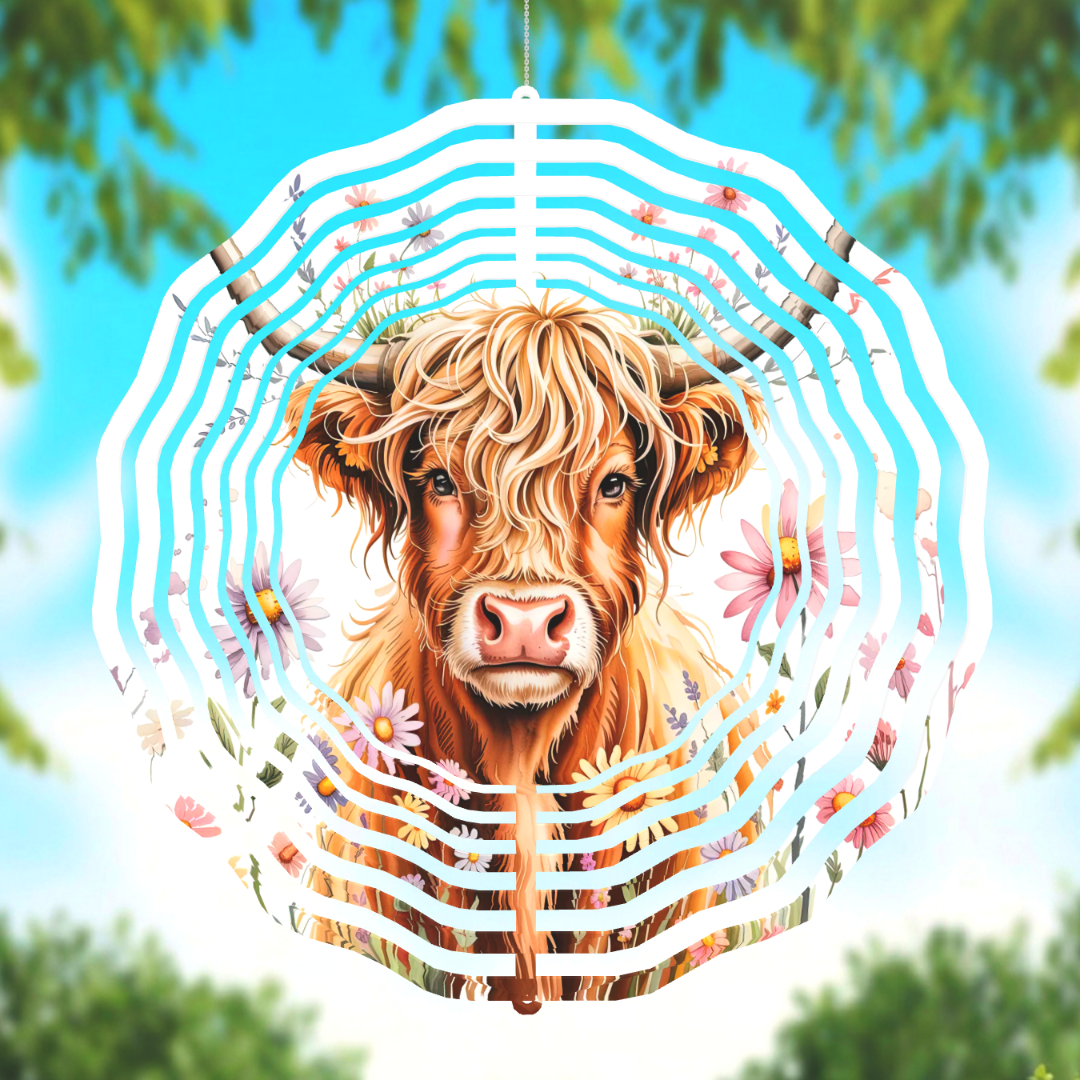 10" Double-Sided Highland Cow Floral Layered Metal Wind Spinner – Farmhouse Garden Decor