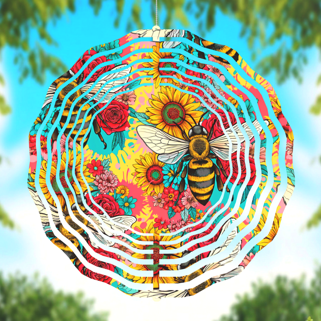 10" Double-Sided Bee & Sunflower Layered Metal Wind Spinner – Colorful Garden Decor
