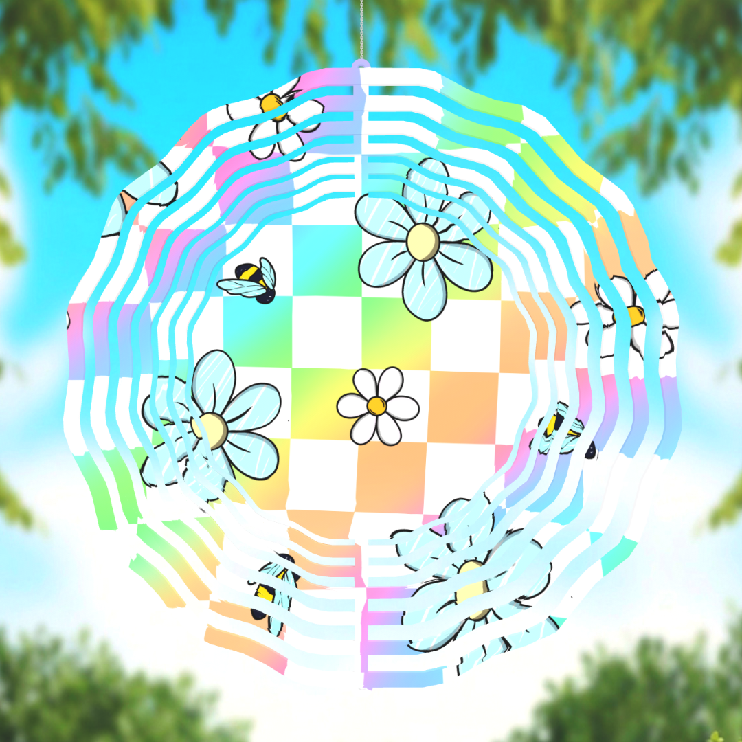 10" Double-Sided Pastel Daisy & Bee Layered Metal Wind Spinner – Colorful Garden Decor