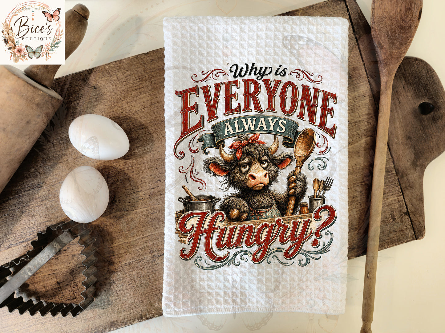 Funny Highland Cow Kitchen Towel | "Why Is Everyone Always Hungry?" Waffle Weave Dish Towel | Farmhouse Kitchen Decor