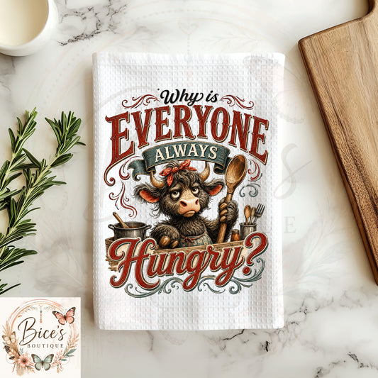 Funny Highland Cow Kitchen Towel | "Why Is Everyone Always Hungry?" Waffle Weave Dish Towel | Farmhouse Kitchen Decor