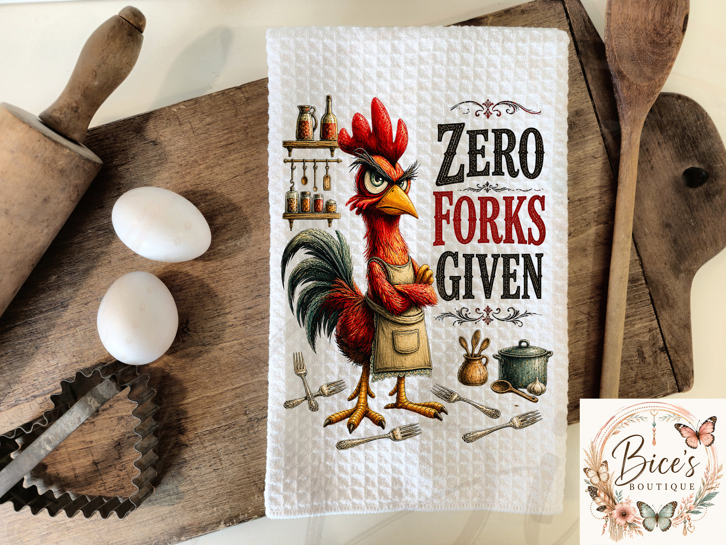 Zero Forks Given Funny Chicken Kitchen Towel | Waffle Weave Dish Towel | Farmhouse Kitchen Decor | Chicken Lover Gift