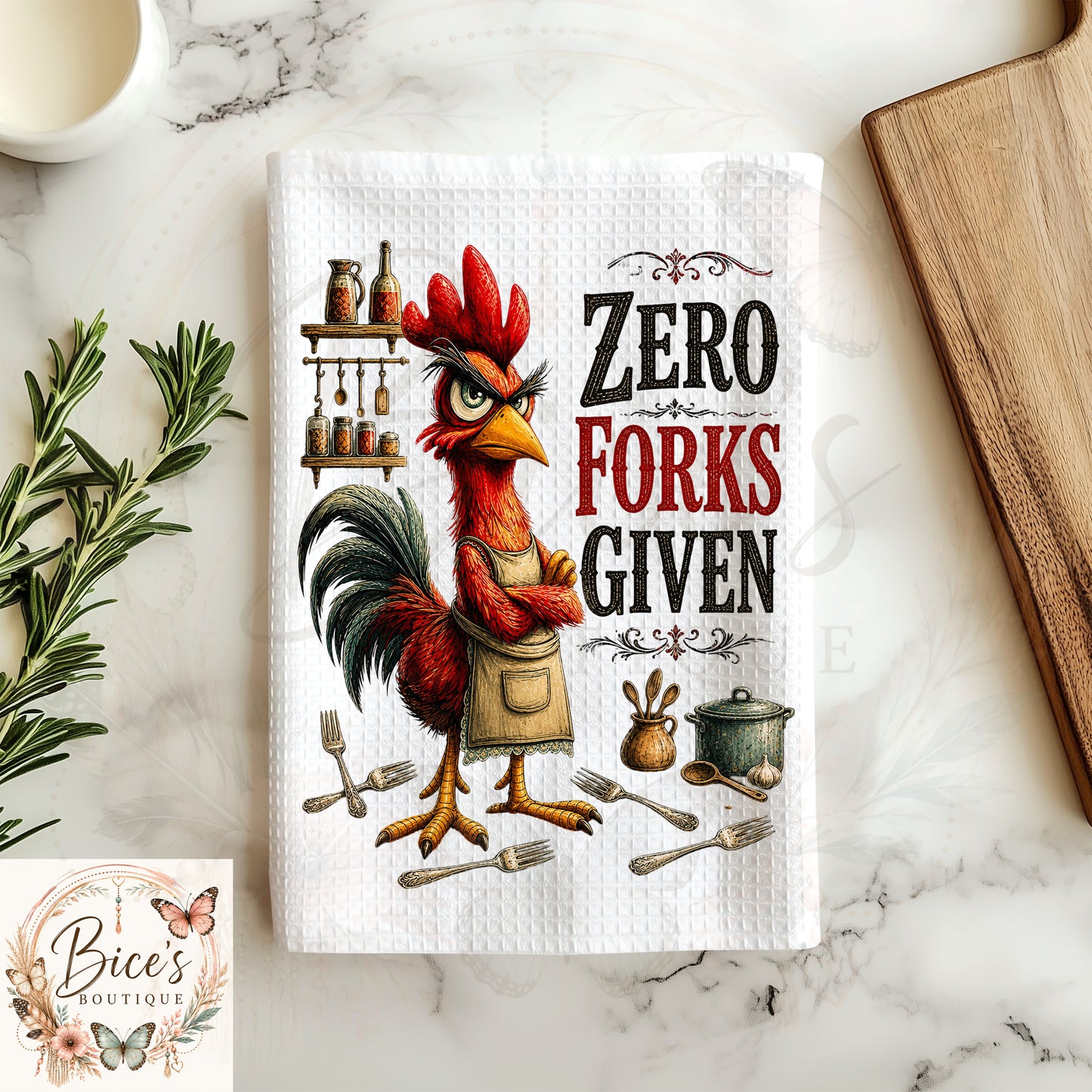 Zero Forks Given Funny Chicken Kitchen Towel | Waffle Weave Dish Towel | Farmhouse Kitchen Decor | Chicken Lover Gift
